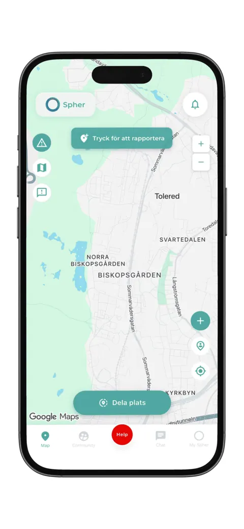Spher app preview with map and safety features