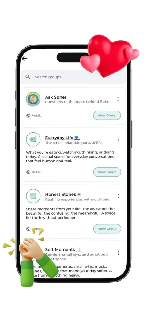 Spher app resources screen with safety and community content