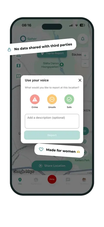 Spher app interface showing privacy controls and women-first safety reporting