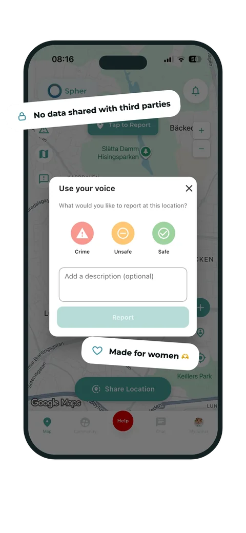 Spher app interface showing privacy controls and women-first safety reporting