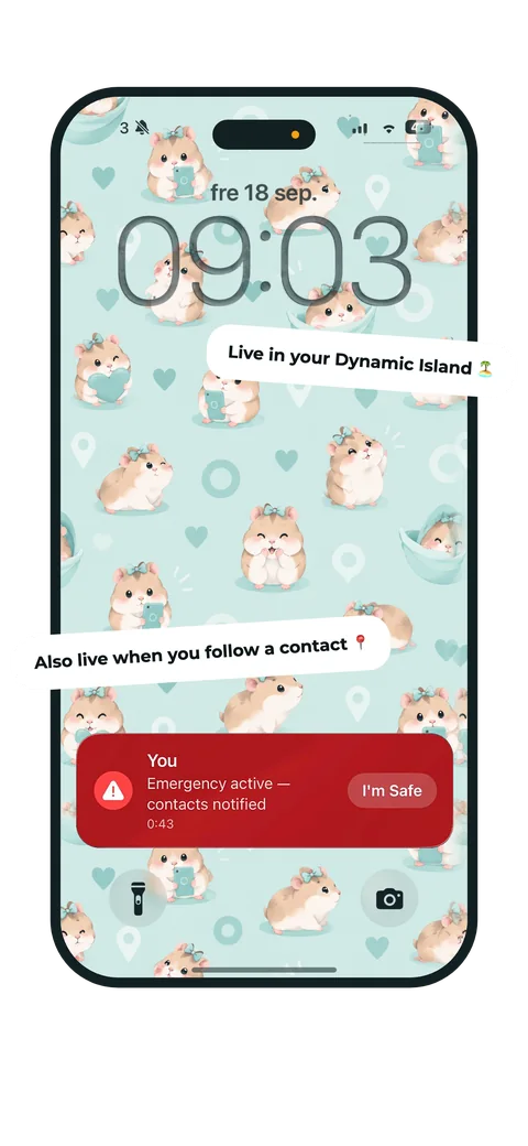 Spher lock screen showing emergency alert, Live Activity and contact tracking status