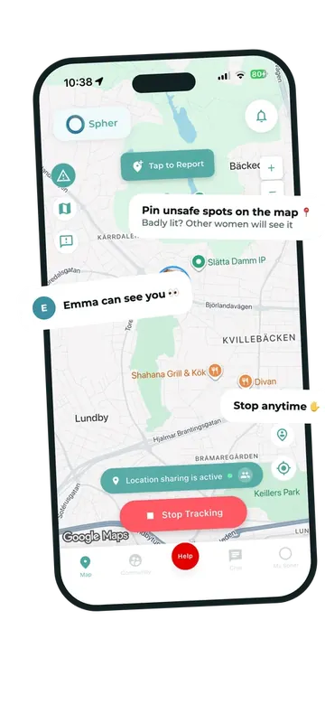 Spher live location screen showing active location sharing