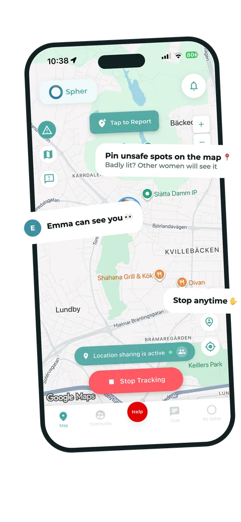 Spher live location screen showing active location sharing