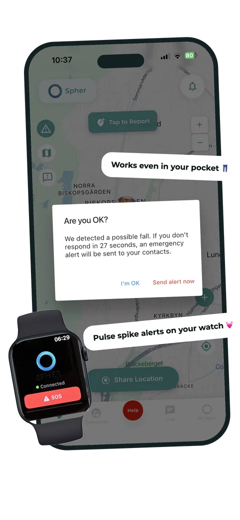 Spher fall detection check after a dropped phone with smartwatch alert support