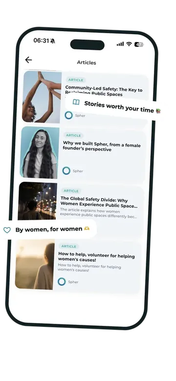 Spher Articles screen showing stories and safety information for women