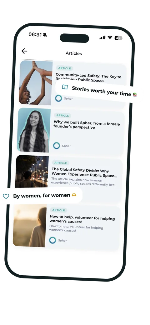 Spher Articles screen showing stories and safety information for women