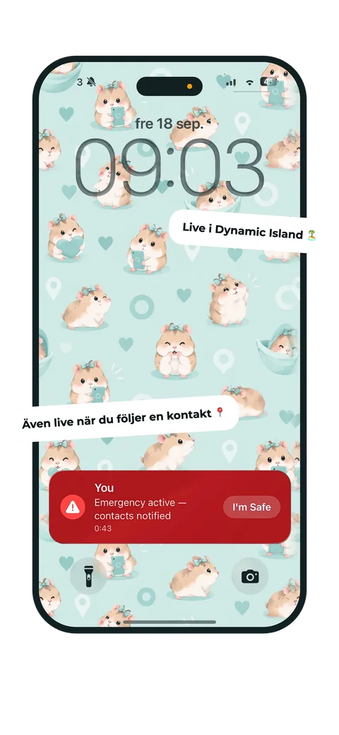 Sphers låsskärm med nödlarm, liveaktivitet och status för kontaktspårning