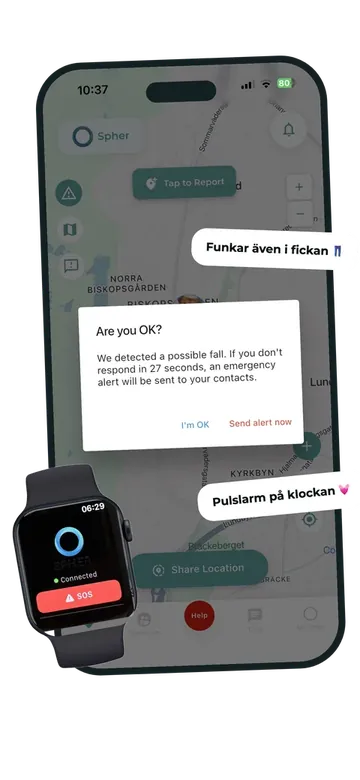 Sphers falldetektering efter en tappad mobil med stöd för smartwatch-larm
