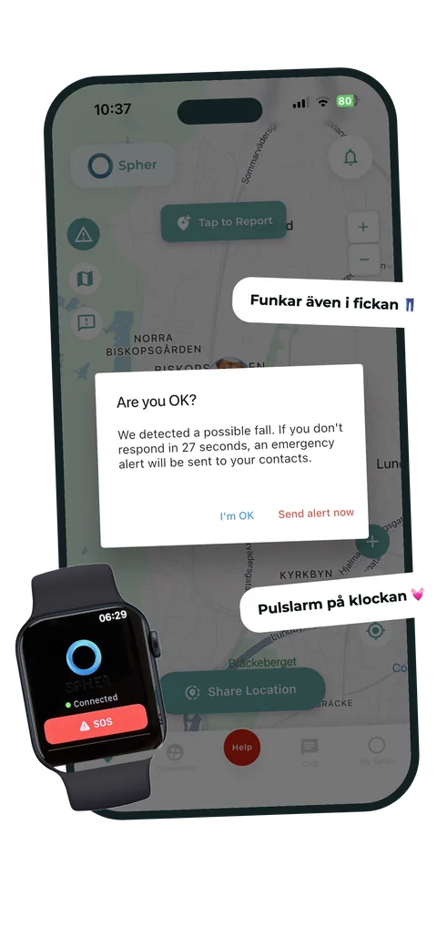 Sphers falldetektering efter en tappad mobil med stöd för smartwatch-larm
