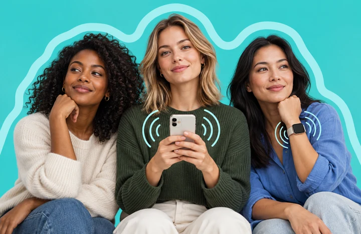 Three women with a phone and smartwatch against a turquoise background