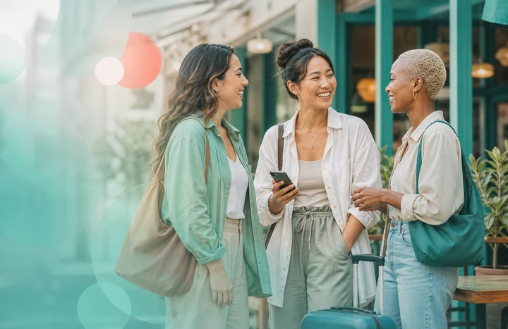 Three women travelers meeting outside a café against a turquoise background