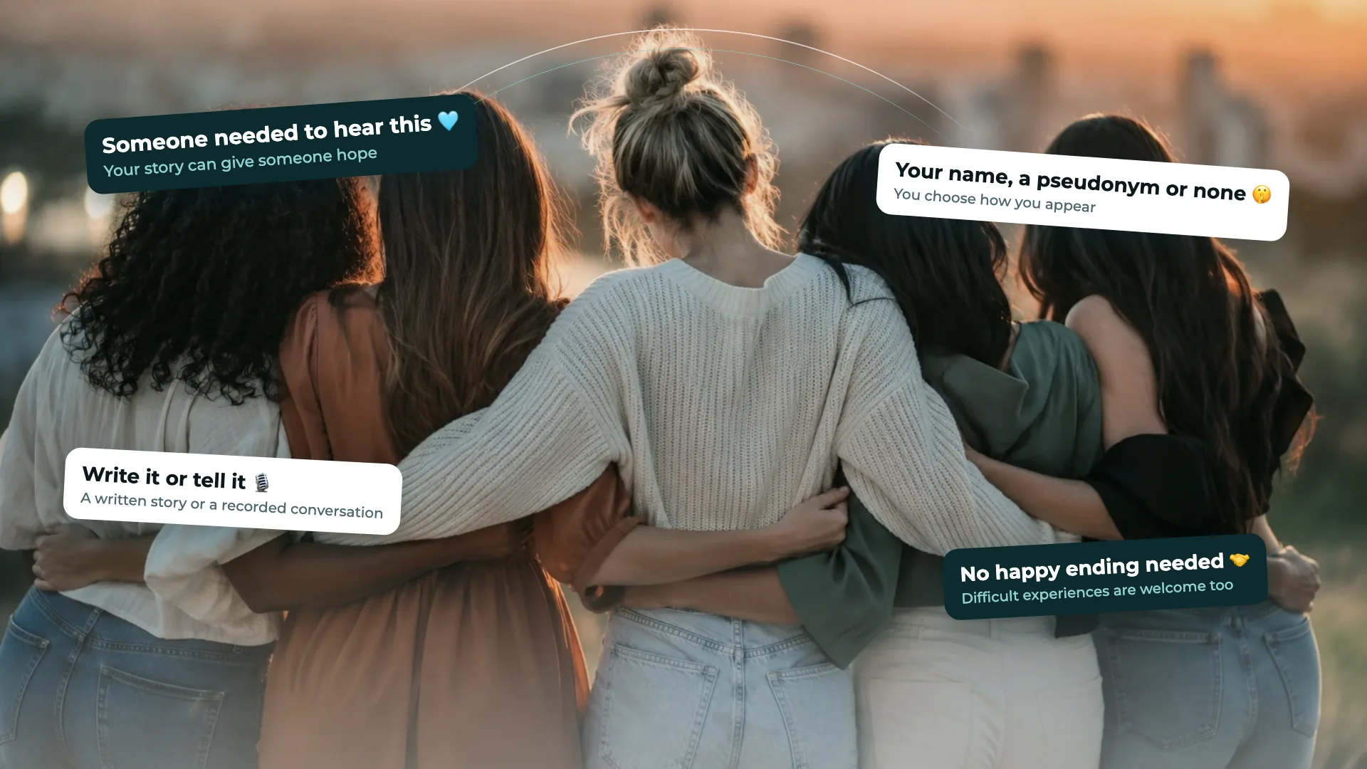 Five women standing together, with options to share a story in writing or conversation and choose how to be named