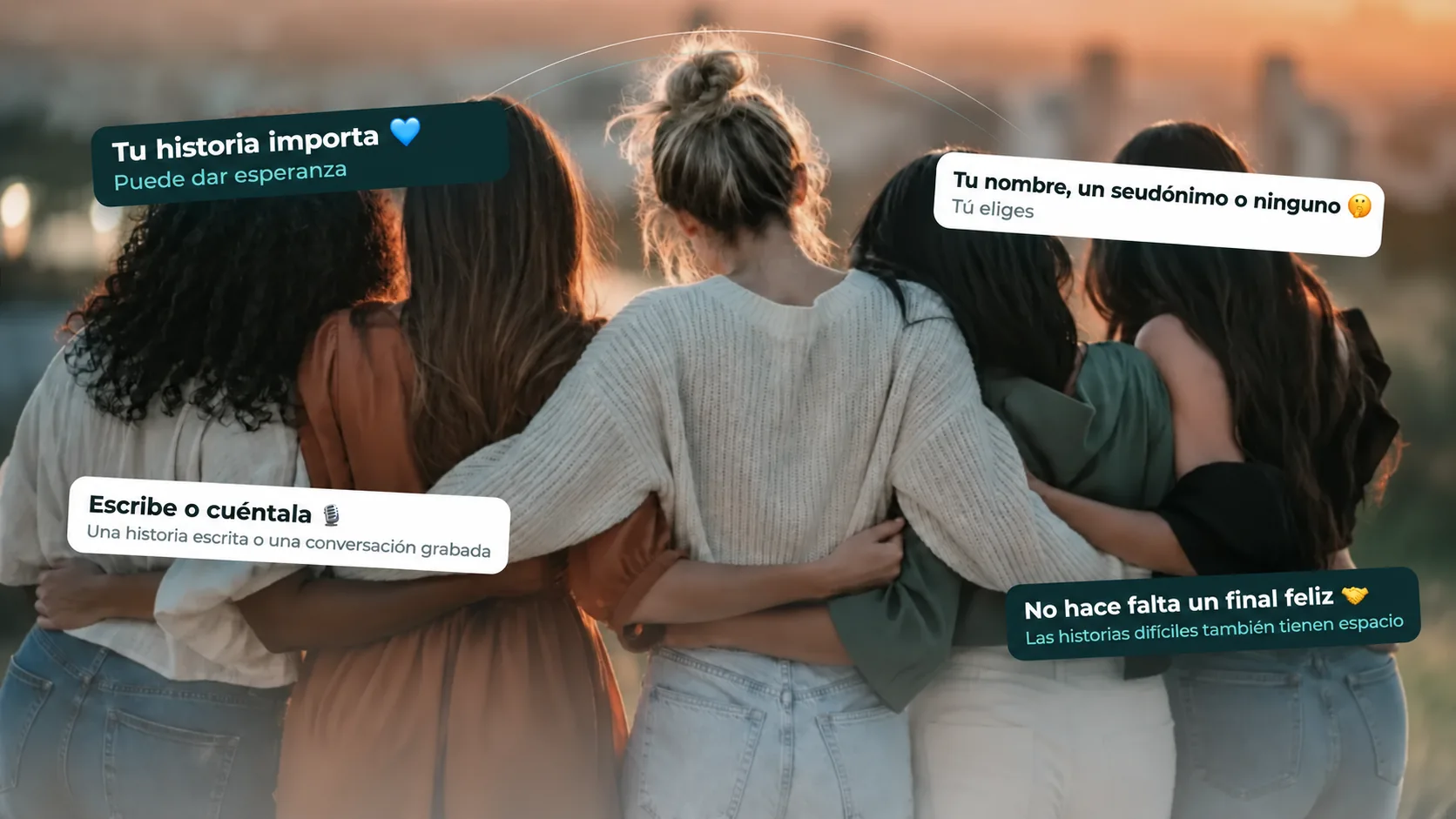 Cinco mujeres juntas, con la opción de compartir una historia por escrito o en una conversación y elegir cómo aparecer nombradas